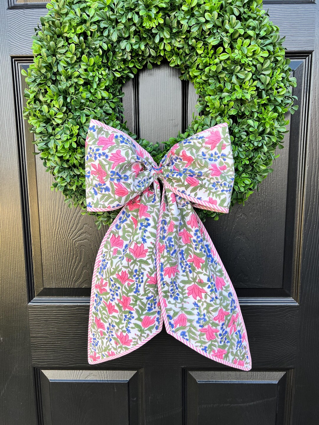 Spring Floral Wreath Sash Bow With Pink Striped Piping, Monogram ...