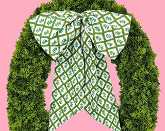 Green block print wreath sash, custom monogram available