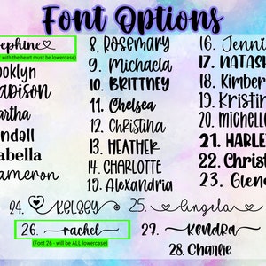 May include: A list of 28 font options for names, with each name written in a different font style. The list includes names like Josephine, Brooklyn, Madison, Martha, Kendall, Isabella, Cameron, Kelsey, Rachel, Kendra, and Charlie. The text "Font Options" is at the top of the list in a large, bold font.