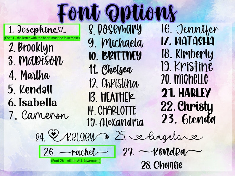 May include: A list of 28 font options for names, with each name written in a different font style. The list includes names like Josephine, Brooklyn, Madison, Martha, Kendall, Isabella, Cameron, Kelsey, Rachel, Kendra, and Charlie. The text "Font Options" is at the top of the list in a large, bold font.