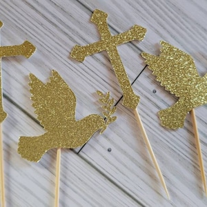Glitter Cross & Dove Cupcake Toppers: Baptism, Christening, Communion