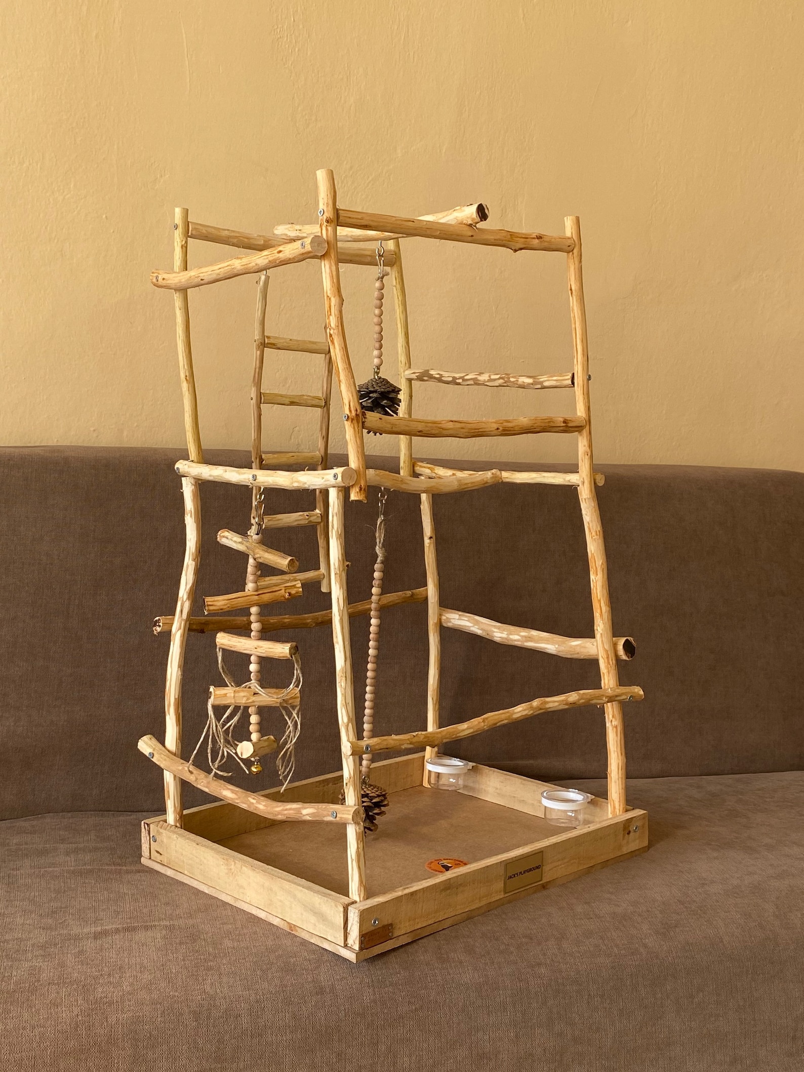 Image showcasing Handmade Wooden Bird Playground: Tree Branch Perch & Swing - Etsy