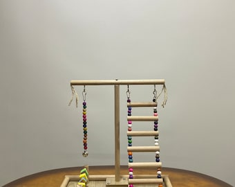 Playground de pássaros de madeira de faia feito à mão: suporte para papagaios com escada e sino