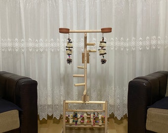 Playground para papagaios grandes: poleiro rolante com brinquedos e tigelas