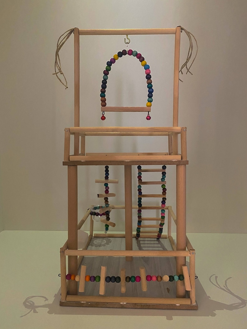 View of Handmade Wooden Bird Playground: Parrot Perch, Ladder & Swing - Etsy