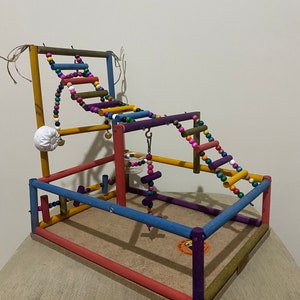 Colorful Bird Stand, Budgerigar playground, Bird Playground, Parrot, Conure, handmade, Wooden Bird Play Stand, Perch Tree and Swing