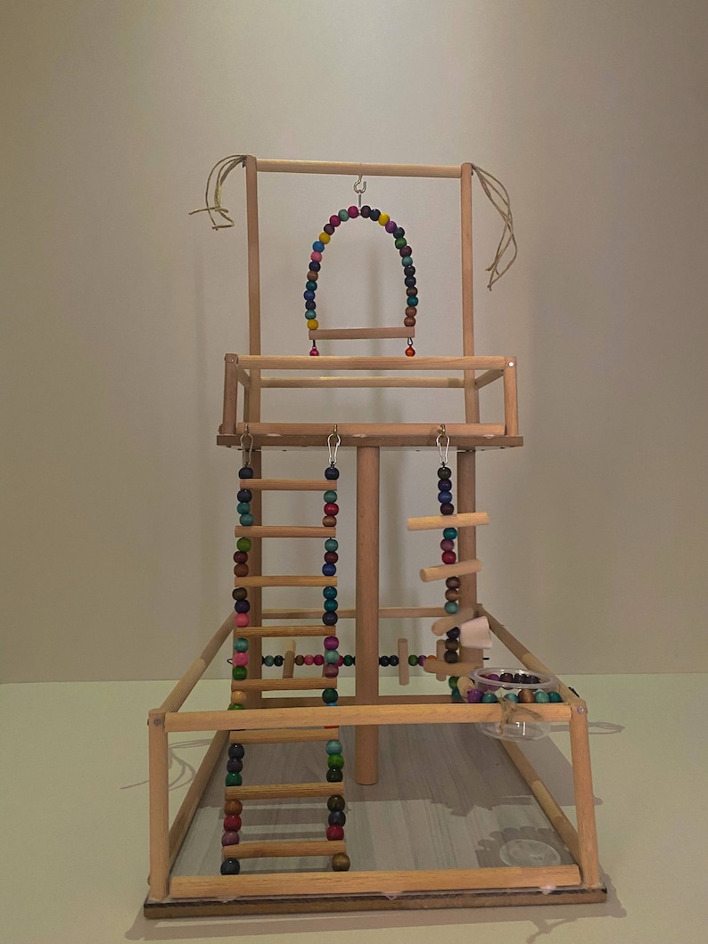 View of Handmade Wooden Bird Playground: Parrot Perch, Ladder & Swing - Etsy