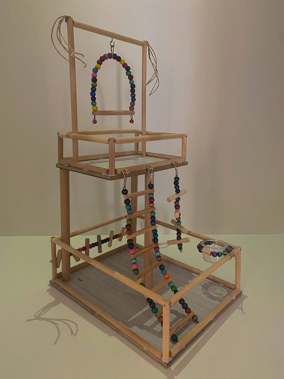 Handmade Wooden Bird Playground: Parrot Perch, Ladder & Swing - Etsy - Handmade Bird Playgrounds