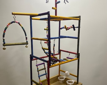 Handmade Colorful Bird Playground: Parrot Gym with Swing & Perch