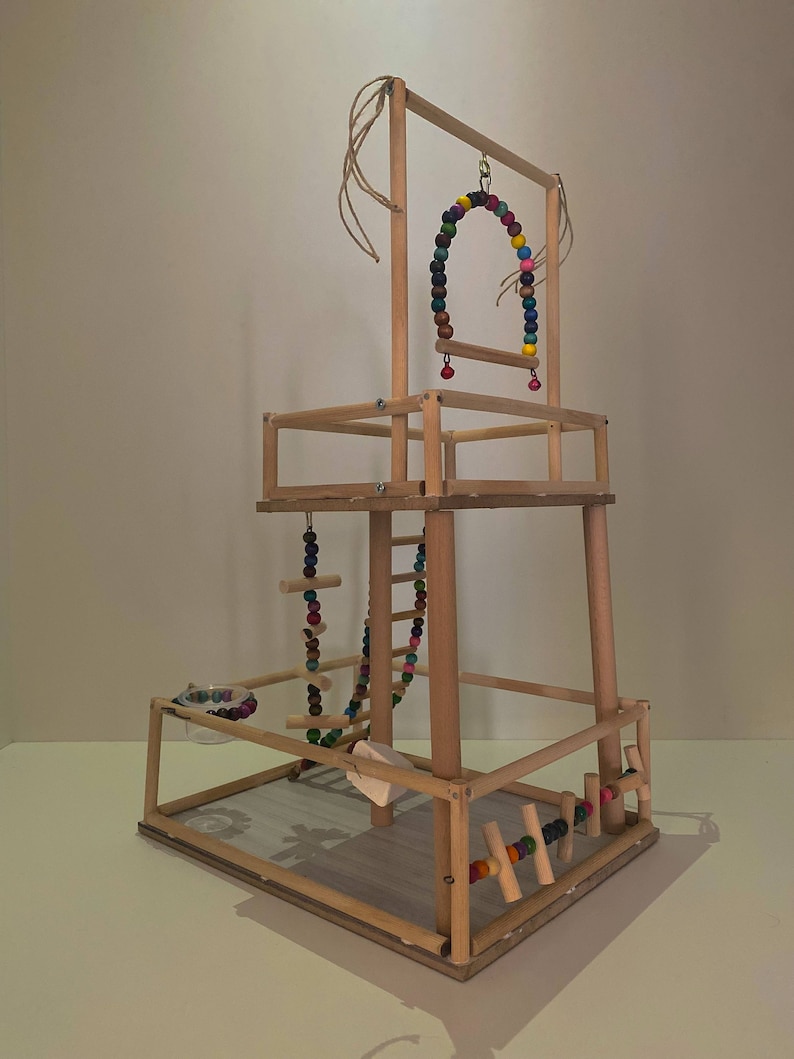 View of Handmade Wooden Bird Playground: Parrot Perch, Ladder & Swing - Etsy