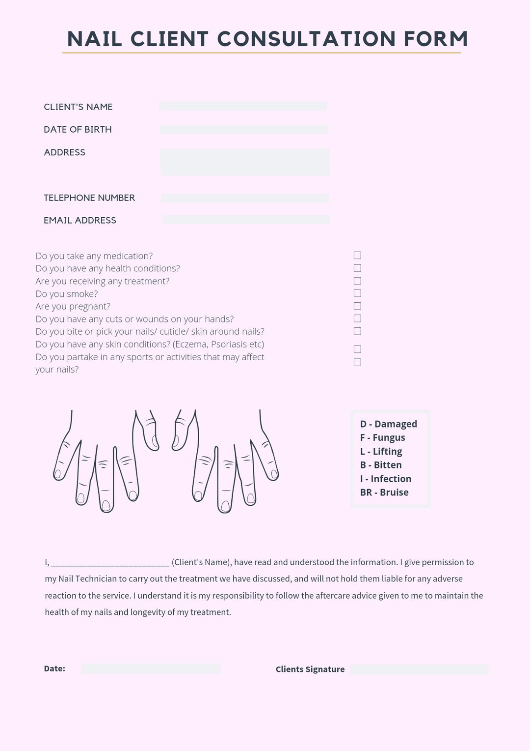 Printable Nail Technician Client Consultation Form