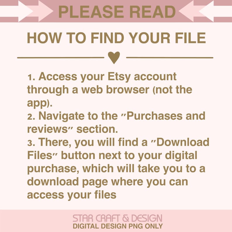 Puede incluir: Gr&aacute;fico rosa claro con instrucciones sobre c&oacute;mo encontrar y descargar archivos digitales comprados en Etsy. El texto incluye "POR FAVOR, LEA" y "C&Oacute;MO ENCONTRAR SU ARCHIVO". El gr&aacute;fico tambi&eacute;n incluye el texto "STAR CRAFT & DESIGN DIGITAL DESIGN PNG ONLY".