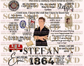 May include: A digital design featuring quotes and imagery related to the character Stefan from the TV show, The Vampire Diaries. Includes the text "Stefan", "1864", and "Mystic Falls".