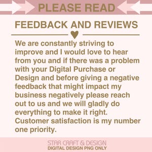 Puede incluir: Gr&aacute;fico rosa claro con el texto &laquo;POR FAVOR, LEA&raquo; y &laquo;COMENTARIOS Y RESE&Ntilde;AS&raquo;. El texto anima a los clientes a comunicarse con los problemas antes de dejar comentarios negativos. La parte inferior del gr&aacute;fico dice &laquo;STAR CRAFT & DESIGN DIGITAL DESIGN PNG ONLY&raquo;.