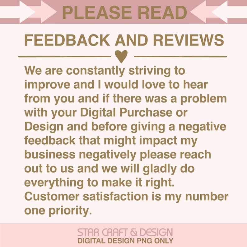 Puede incluir: Gr&aacute;fico rosa claro con el texto &laquo;POR FAVOR, LEA&raquo; y &laquo;COMENTARIOS Y RESE&Ntilde;AS&raquo;. El texto anima a los clientes a comunicarse con los problemas antes de dejar comentarios negativos. La parte inferior del gr&aacute;fico dice &laquo;STAR CRAFT & DESIGN DIGITAL DESIGN PNG ONLY&raquo;.