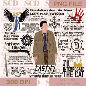 Puede incluir: Archivo PNG digital con un personaje con abrigo y corbata beiges, rodeado de texto y elementos gráficos. Incluye frases como "Angel with a shotgun" y "Let's play Twister". El archivo está etiquetado como "Not sized for tumblers."