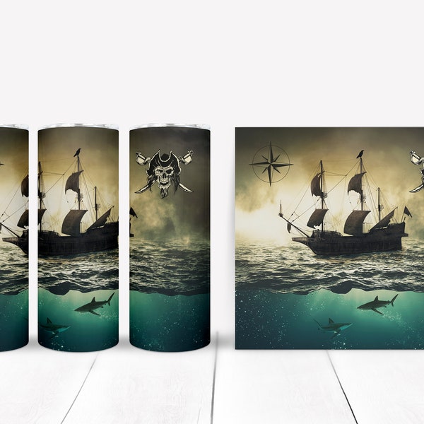 Pirate Tumbler Design | Pirate Journey | Pirate and Shark Tumbler Wrap | Tumbler Gift | 20 oz Skinny Tumbler | 300 DPI Digital Download