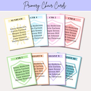 Puede incluir: Un conjunto de tarjetas de sillas primarias coloridas, cada una con un título como "Sunbeam" y "CTR 4". Las tarjetas muestran nombres y están diseñadas con colores pastel, incluyendo amarillo, azul, rosa y verde.