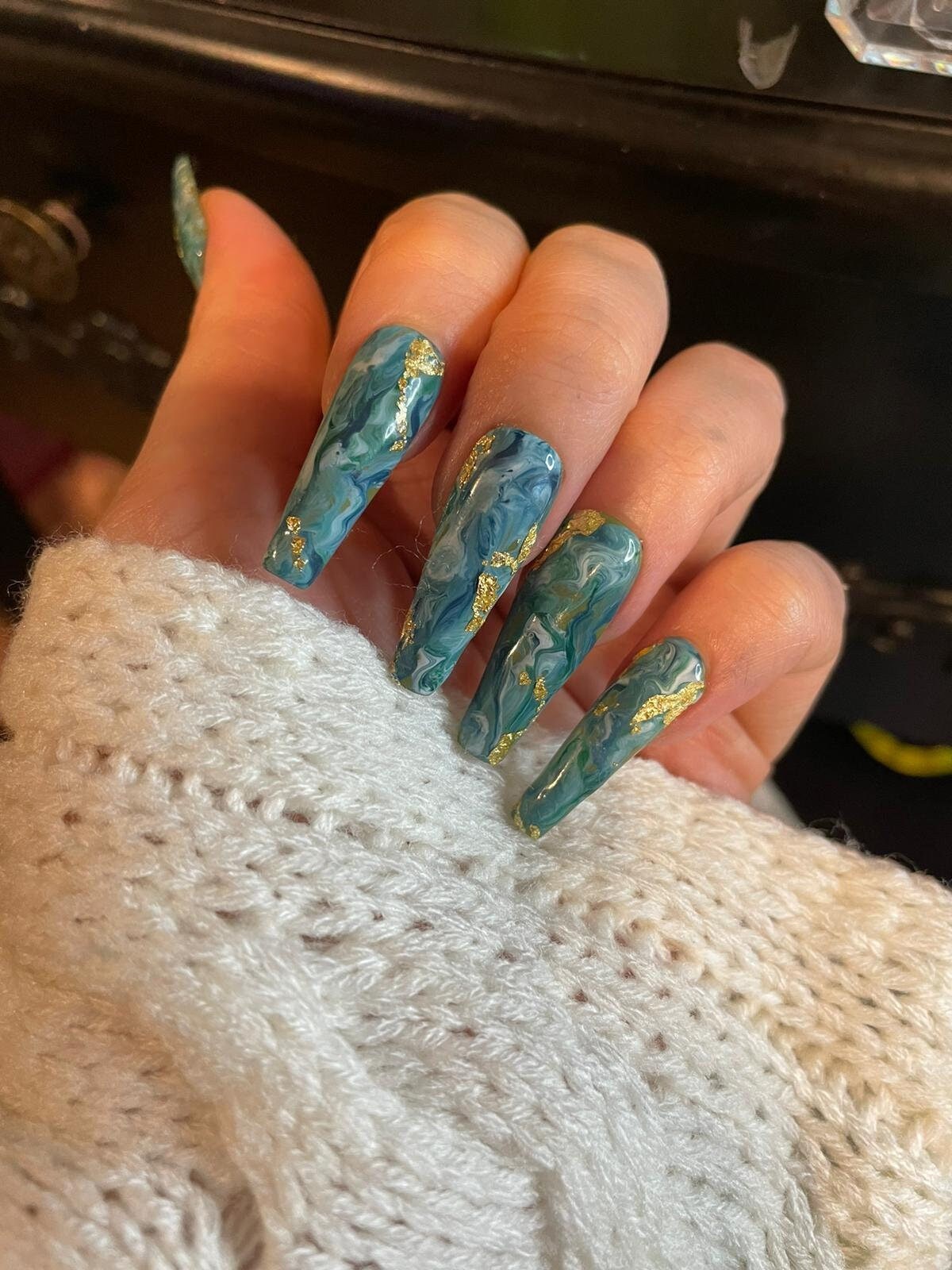 Teal and Gold Foil Marble Nails Etsy UK