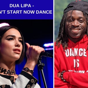 Puede incluir: Una mujer con cabello oscuro y un collar negro canta en un micrófono. Lleva una chaqueta blanca con botones negros. El fondo es azul. En el lado derecho de la imagen, un hombre con rastas y una sudadera roja con el texto "Dance is the story of" sonríe.