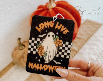Whimsical Blooms Checkered Ghost Air Fresheners {rearview mirror western spooky fall emo cute ghost hanging car decor alt }