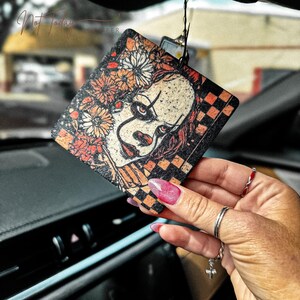 Halloween Horror Floral Clown Car Air Freshener { spooky scary fall floral checkered cute Halloween car accessories rear view mirror decor }