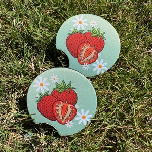 Strawberry Daisy Car Coaster Set 2 {cute car accessories car decor driving car coaster fruit strawberries floral}