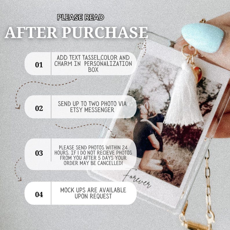 May include: A clear acrylic photo holder with a tassel and charm. The holder contains a black and white photo of a couple. Text on the holder reads "Forever". Instructions are listed: Add text, send photos, and mock ups are available.