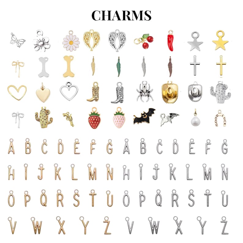 May include: A selection of charms in diverse designs, such as butterflies, flowers, hearts, and letters. The word "CHARMS" is displayed at the top. The charms are in gold and silver tones, with some featuring enamel details.