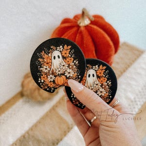Spooky Blossom Ghost Car Coaster Set of Two {cute car accessories, car decor gift idea goth spooky fall gifts Halloween }