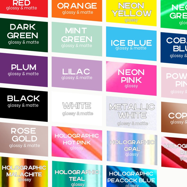 K&ouml;nnte beinhalten: Eine Tabelle mit 18 verschiedenen Farben, darunter Rot, Orange, Gelb, Gr&uuml;n, Blau, Lila, Schwarz, Wei&szlig; und Metallic-Wei&szlig;. Die Farben sind mit ihren Namen und ob sie gl&auml;nzend oder matt sind, beschriftet.
