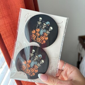 Bone-Chilling Car Coaster Set of Two {cute car accessories, car decor gift idea goth spooky fall gifts pumpkins Halloween }