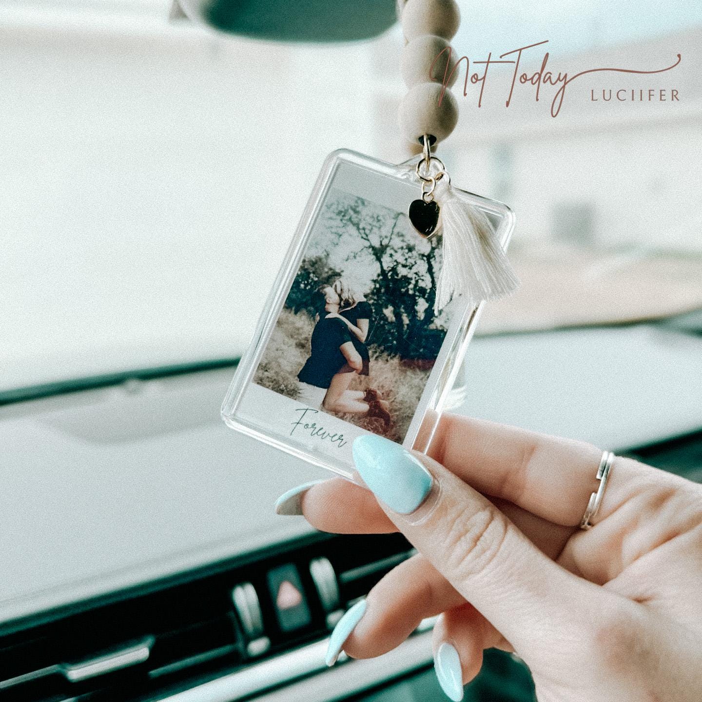 Personalized Gold Photo w/ Text Car Rear View Mirror Picture Hanger {custom car accessories boudoir gift Mother's Day Valentine's Day Gift}
