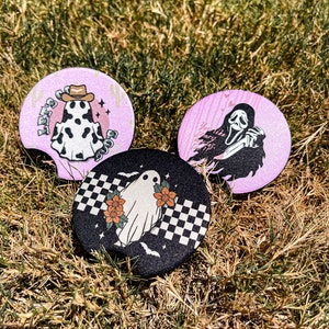 Halloween Themed Car Coaster Set 2 {cute car accessories, car decor, driving, let’s go girls goth spooky fall gifts }