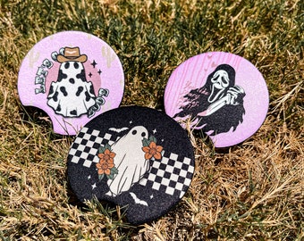 Halloween Themed Car Coaster Set 2 {cute car accessories, car decor, driving, let’s go girls goth spooky fall gifts }