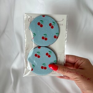 Blue Cherry Pattern Car Coaster Set 2 {cute car accessories car decor driving car coaster cute fruit cherries }