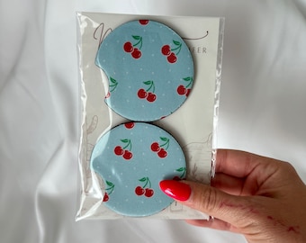 Blue Cherry Pattern Car Coaster Set 2 {lindos accesorios para el automóvil decoración del automóvil conducción posavasos lindas cerezas de frutas}