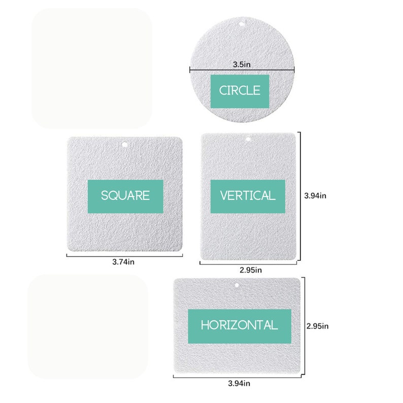 May include: White, textured air fresheners in various shapes: a circle (3.5 inches), a square (3.74 inches), a vertical rectangle (3.94 x 2.95 inches), and a horizontal rectangle (3.94 x 2.95 inches). Each shape has a small hole for hanging and a teal label with a shape name.