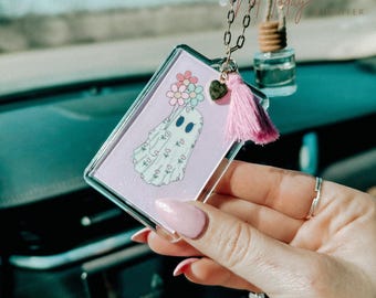 Spooky Spring Floral Ghost Car Charm {car hanging accessories cute car decor cute ghost Halloween meme cute funny  }