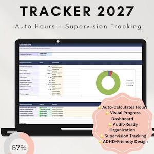 May include: A digital BCBA Fieldwork Tracker 2027 dashboard displayed on a laptop screen. The interface includes auto-calculating progress snapshots, hours logged, supervision tracking, and requirement status checks with a visual pie chart.