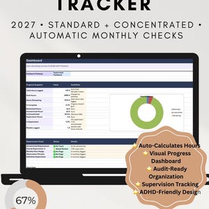 May include: A digital BCBA Fieldwork Tracker for 2027 displayed on a laptop screen. The dashboard features a progress snapshot, a donut chart for hours breakdown, and a requirement check table. Text includes Fully Automated BCBA Fieldwork Tracker.
