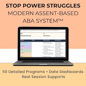 May include: A laptop displays a detailed ABA system with the text "STOP POWER STRUGGLES" and "MODERN ASSENT-BASED ABA SYSTEM". The screen shows 50 detailed goals and 5 domains. The bottom text reads "50 Detailed Programs • Data Dashboards Real Session Supports."
