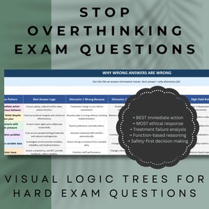 May include: A study guide titled STOP OVERTHINKING EXAM QUESTIONS featuring a table labelled WHY WRONG ANSWERS ARE WRONG. It includes columns for question patterns, best answer logic, and distractor analysis, plus a black scalloped badge with text.