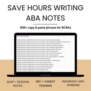 Op de afbeelding: Een laptop toont tekst over ABA-notities, met de kop "SAVE HOURS WRITING ABA NOTES". De afbeelding bevat de tekst "500+ copy & paste phrases for BCBAs" en labels voor SOAP-notities, RBT-training en verzekeringsveilige bewoordingen.