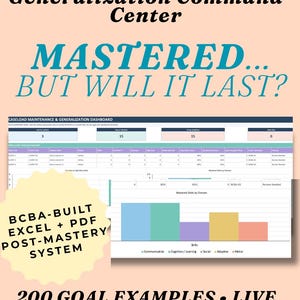 May include: A digital BCBA Maintenance & Generalization Command Center system featuring an Excel and PDF dashboard. The interface displays caseload maintenance, skill tracking, and a bar chart for mastered skills by domain, including 200 goal examples.