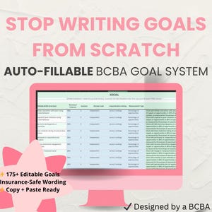 May include: A pink computer monitor displays a spreadsheet labeled "SOCIAL." Text above reads "STOP WRITING GOALS FROM SCRATCH." Additional text includes "175+ Editable Goals," "Insurance-Safe Wording," and "Copy + Paste Ready."