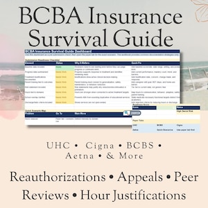May include: A digital dashboard titled BCBA Insurance Survival Guide featuring a submission readiness checklist with columns for element, status, why it matters, and quick fix, plus a quick scenario map for insurance payers like UHC, Cigna, BCBS, and Aetna.