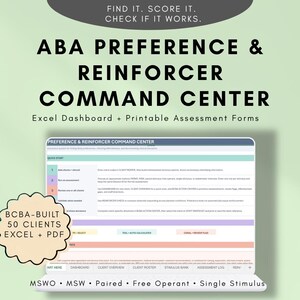 Könnte beinhalten: Ein digitales ABA Preference & Reinforcer Command Center Tool mit Excel-Dashboard und druckbaren Bewertungsformularen. Die Benutzeroberfläche zeigt eine Kurzanleitung, eine Kundenliste und Registerkarten für MSWO-, MSW-, Paired-, Free-Operant- und Single-Stimulus-Methoden.