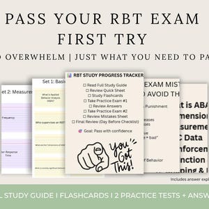 Puede incluir: Materiales de estudio para el examen RBT, que incluyen una guía de estudio completa, tarjetas didácticas y pruebas de práctica. La imagen muestra el texto "Pass Your RBT Exam First Try" y "You Got This!" para fomentar el éxito.