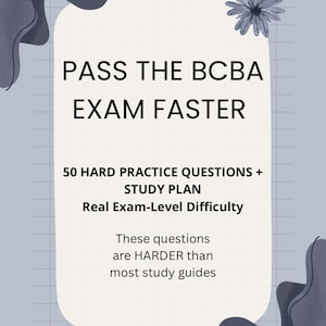 Puede incluir: Gráfico digital con el texto "PASS THE BCBA EXAM FASTER" sobre un fondo crema. El gráfico también incluye el texto "50 HARD PRACTICE QUESTIONS + STUDY PLAN" y "Real Exam-Level Difficulty". El fondo es azul claro con formas decorativas.